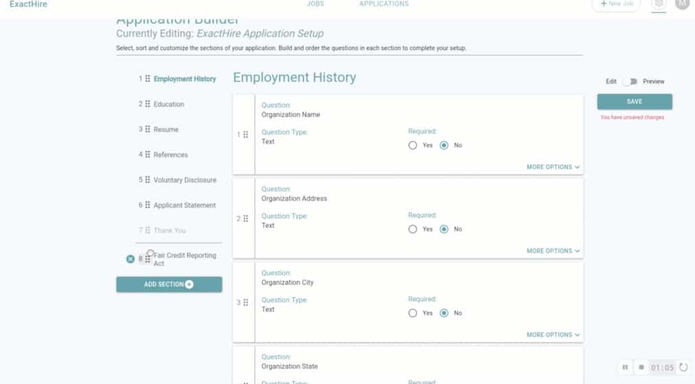 Employment Application Section Reorder | ExactHire
